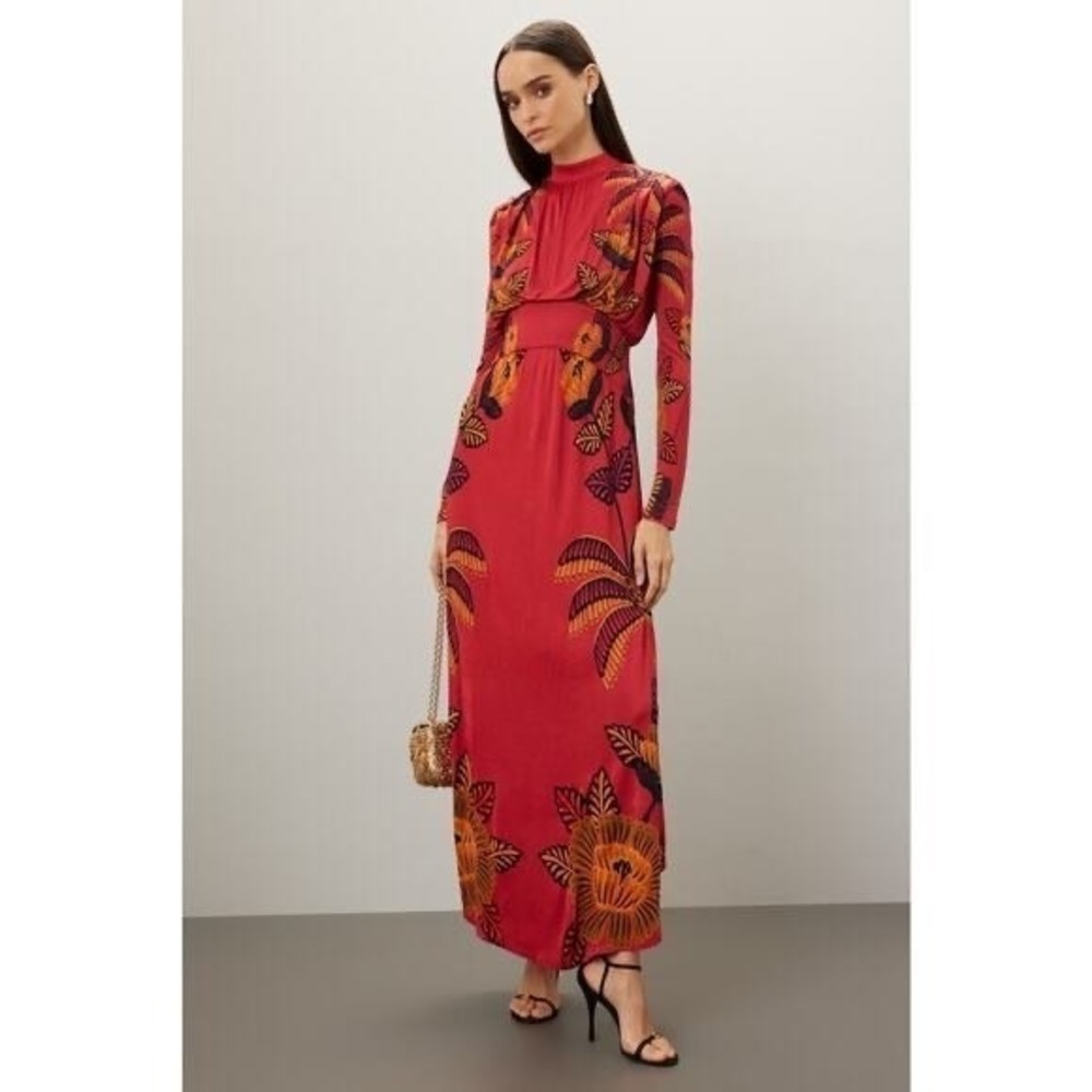 Farm Rio Long-Sleeve Mock-Neck Maxi Dress Red Floral Size Small - Picture 4 of 12